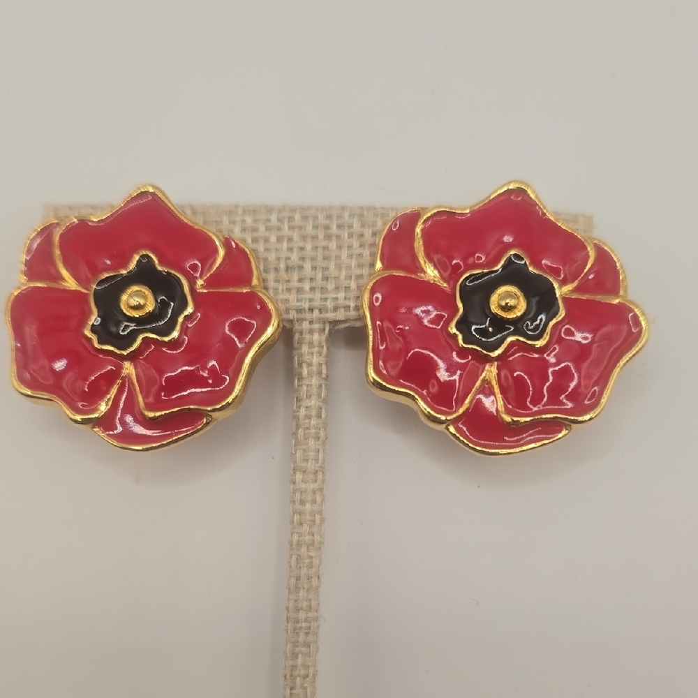 Escada Red and Gold Floral Earrings